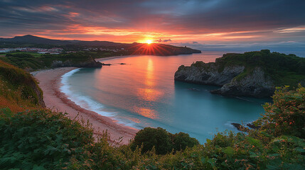 breathtaking view of Grande Plage in Biarritz, France, at sunset. The glowing horizon, crashing waves, and silhouetted coastline evoke harmony amidst chaos, symbolizing nature's duality