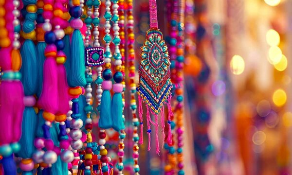 Colorful beaded curtains and dreamcatcher in a vibrant market