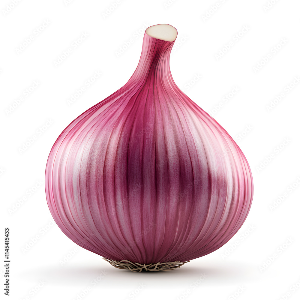 Poster a red onion 3d with a smooth surface, slightly turned to display the layers and root