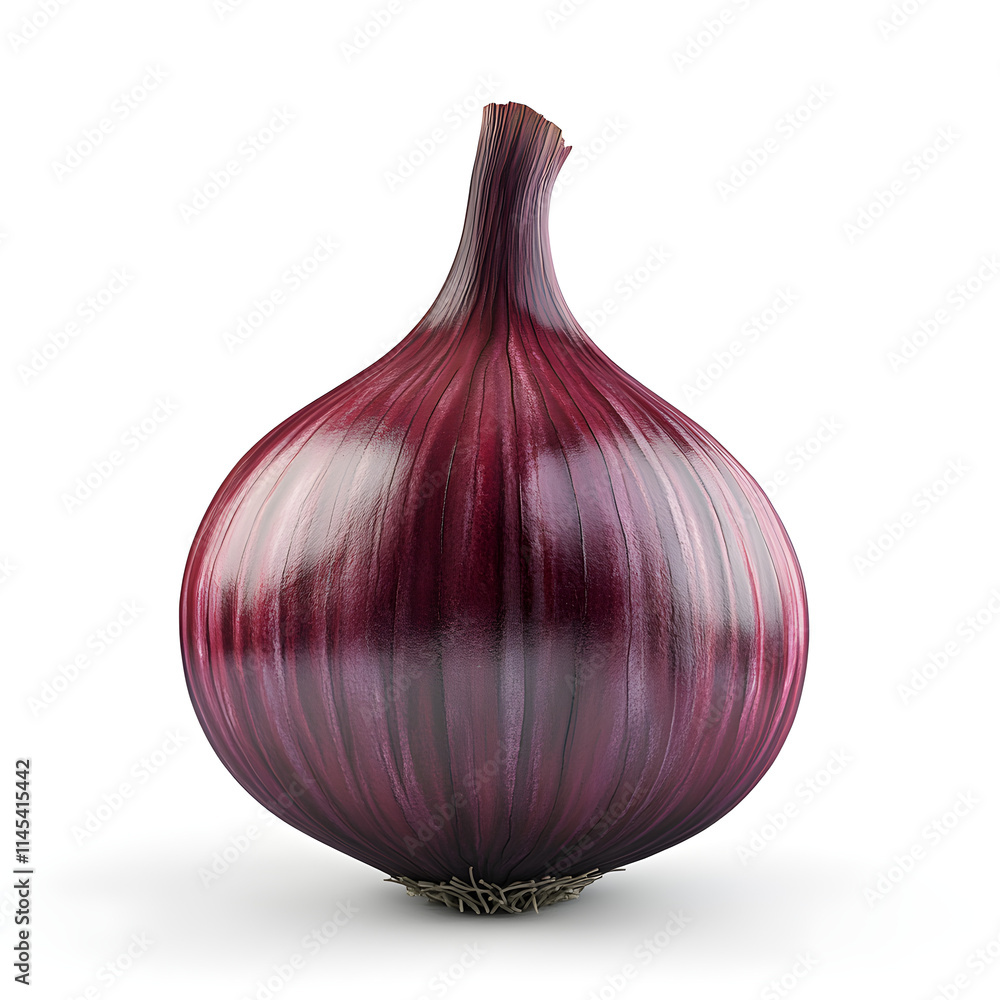 Poster a red onion 3d with a smooth surface, slightly turned to display the layers and root