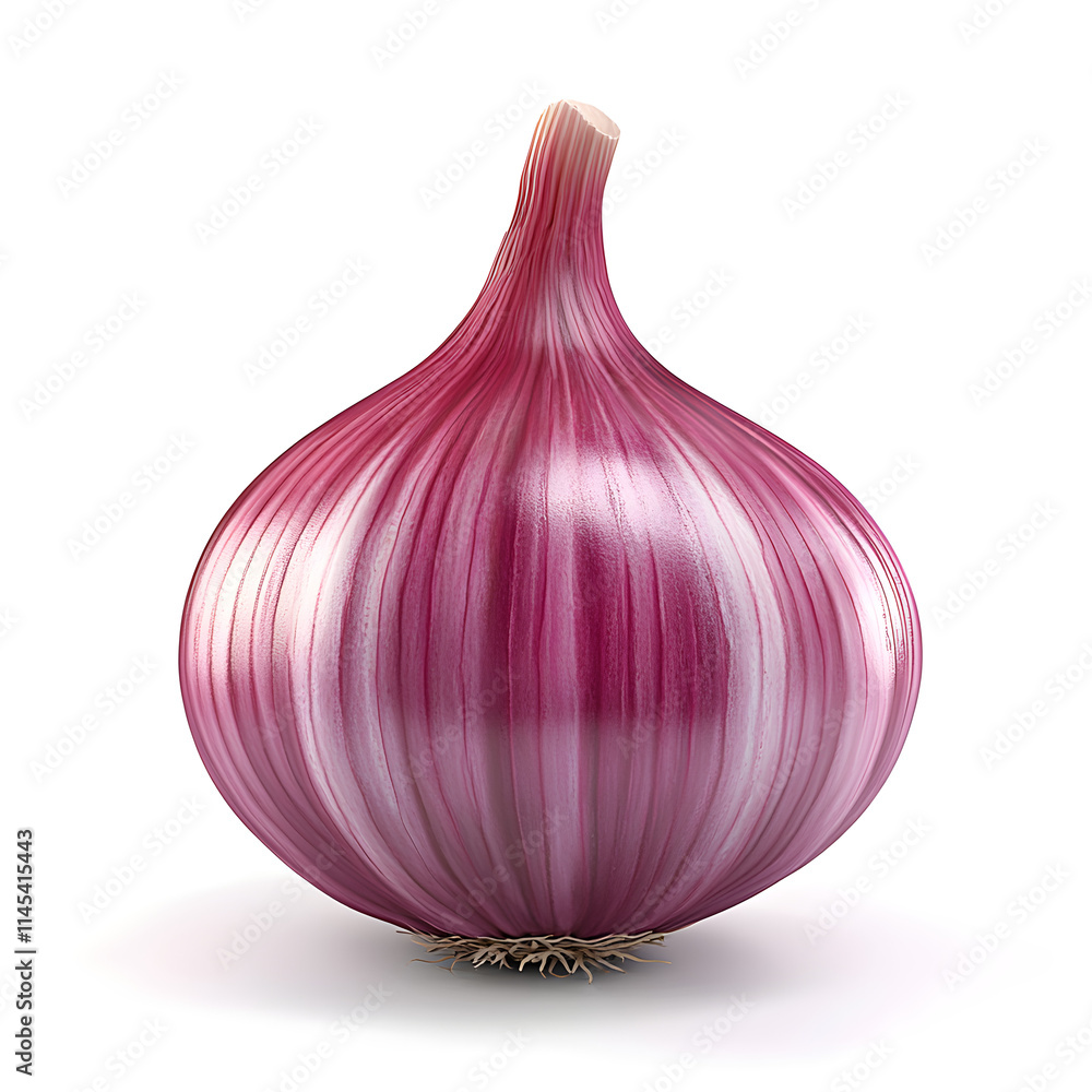 Poster a red onion 3d with a smooth surface, slightly turned to display the layers and root