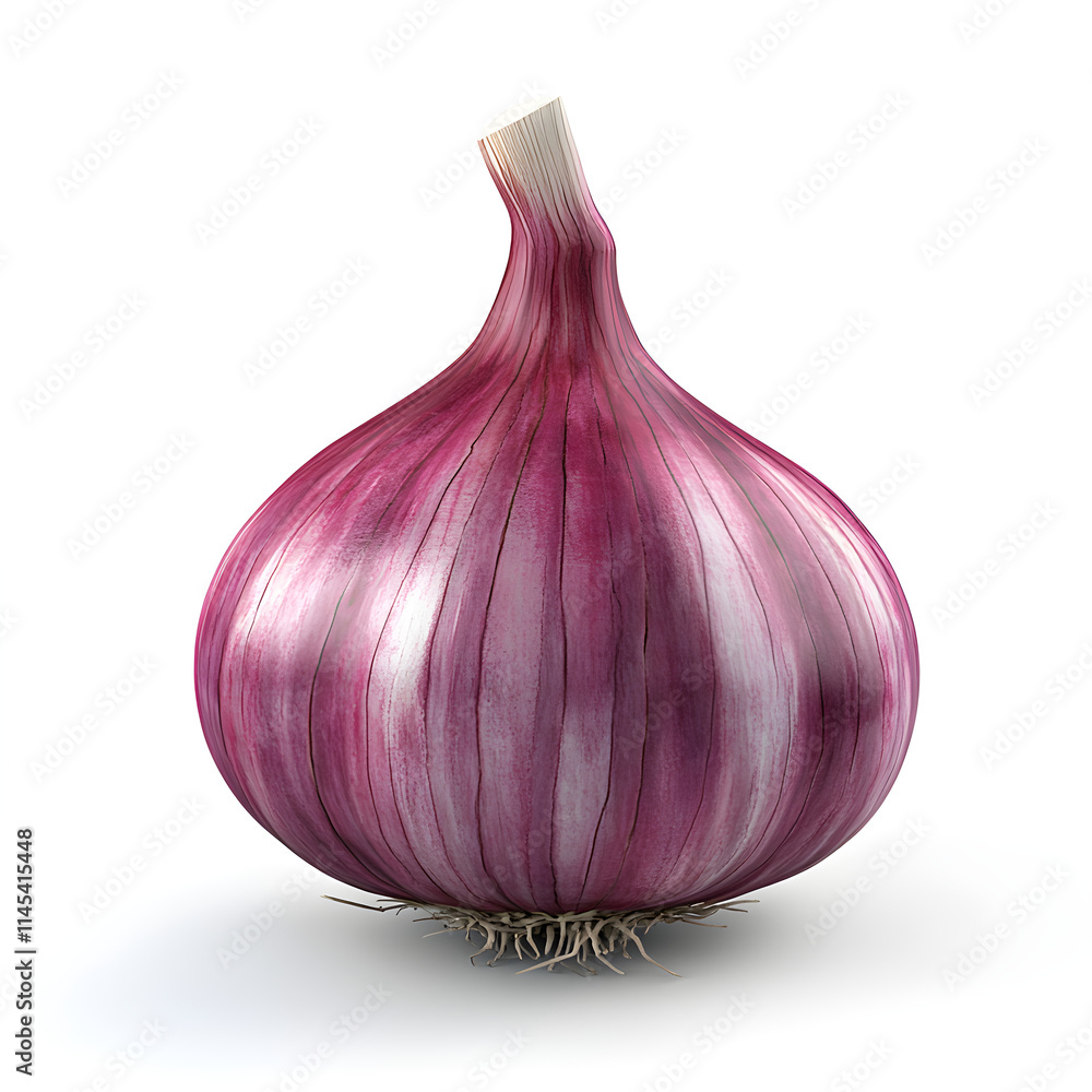 Poster a red onion 3d with a smooth surface, slightly turned to display the layers and root