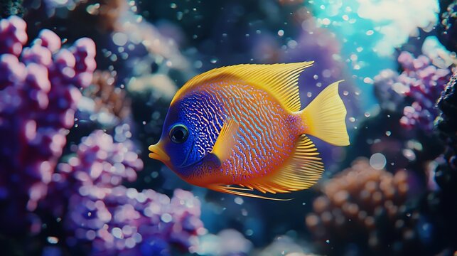A fish with a blue and yellow body swims in a coral reef