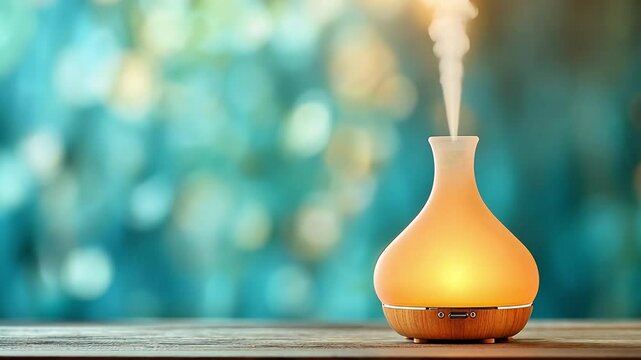 The aroma oil diffuser lamp emits a soft, warm glow against a blurred background, creating a soothing and inviting atmosphere