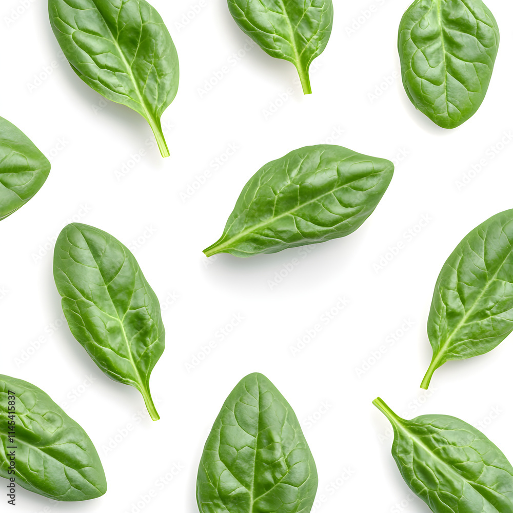Poster a few fresh 3d spinach leaves arranged in a scattered pattern, showing their smooth and veined textu