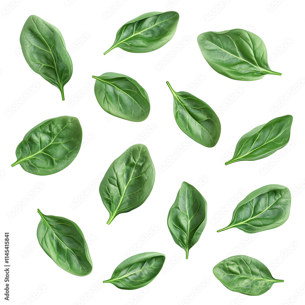 Poster a few fresh 3d spinach leaves arranged in a scattered pattern, showing their smooth and veined textu