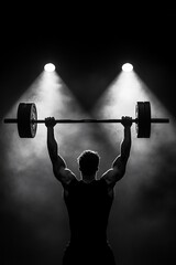 Silhouette of a weightlifter lifting a barbell under dramatic lighting.