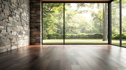 Modern Empty Room with Stone Wall and Large Window Overlooking Lush Greenery