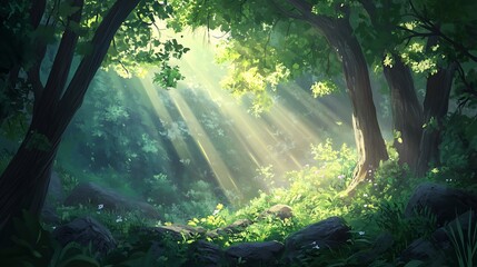 Obraz premium A tranquil scene of sunlight breaking through the dense canopy of a lush green forest, illuminating the misty air and highlighting delicate leaves and tree trunks 
