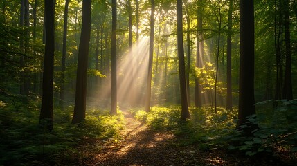 Obraz premium Early morning sunlight illuminates the edges of the leaves in a lush forest, highlighting their intricate details as the gentle light permeates the serene environment 