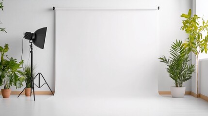 A minimalist photography studio with a white backdrop and plants.