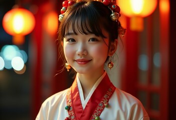 Charming Short-Haired Beauty in White and Red Hanfu: Colorful Bells Adorning Her Neck, Radiating Warmth in a Night Scene
