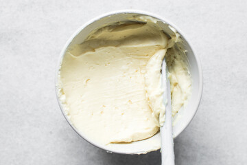 overhead view of smooth buttercream in a mixing bowl,Top view of cream buttercream in a white mixing bowl, silky smooth american buttercream in a ceramic bowl