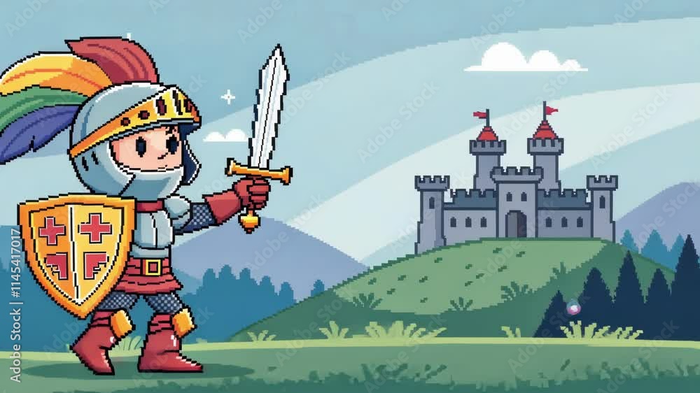 Aufkleber character four a courageous knight clad in pixelated armor wielding a little sword that sparkles in 