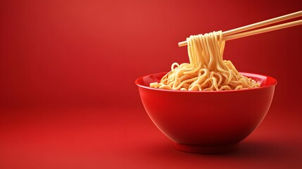 Red bowl of noodles lifted with chopsticks