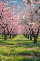 A picturesque cherry orchard in full bloom during springtime, with rows of cherry trees covered in white and pink blossoms