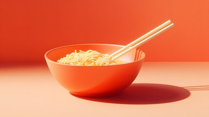 Orange Bowl of Noodles with Chopsticks Ready to Eat