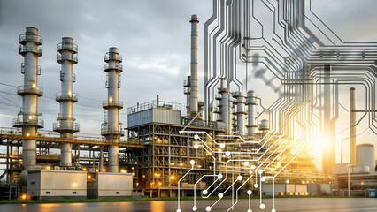 Factory silhouette connected by circuit lines with copy space concept as A glossy image shows a factory silhouette connected by circuit lines on a plain background symbolizing smart factories and indu