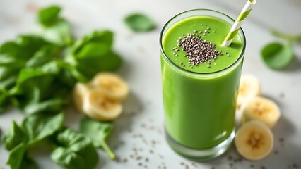 Fototapeta premium A refreshing smoothie made with spinach, banana, and almond milk, offering a nutritious and energizing drink perfect for a healthy breakfast or post-workout boost.