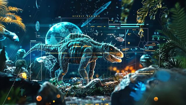 Futuristic robot dinosaur stands in a rocky area under a blue sky with a moon in the background, combining space, technology, and surrealism in a captivating image