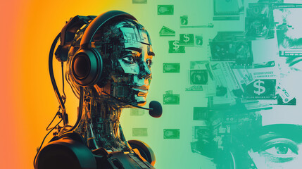 AI taking calls for automated abandoned checkout recovery in e-commerce with green money and dollar signs in the background"