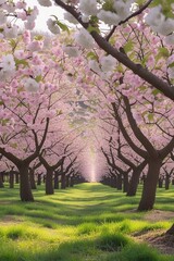 A picturesque cherry orchard in full bloom during springtime, with rows of cherry trees covered in white and pink blossoms