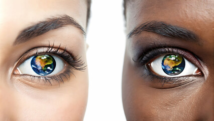 Naklejka premium Diverse Eyes Reflecting Globe Macro Image Symbolizing Global Unity and Vision