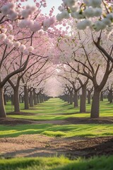 Fototapeta premium A picturesque cherry orchard in full bloom during springtime, with rows of cherry trees covered in white and pink blossoms