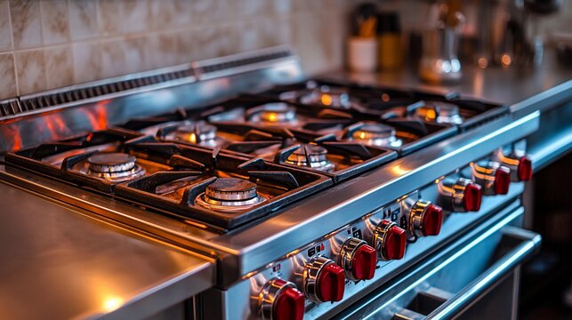 Modern stainless steel gas stovetop with six burners and red knobs in a kitchen.