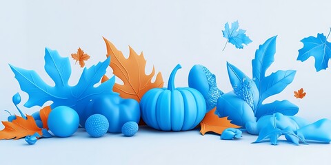 Blue Pumpkins Autumn Leaves Abstract Still Life