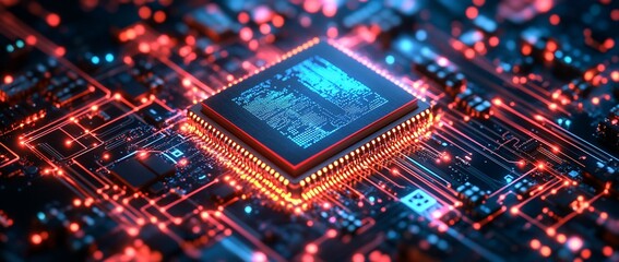 Obraz premium Close-up of a computer processor on a circuit board with glowing connections.