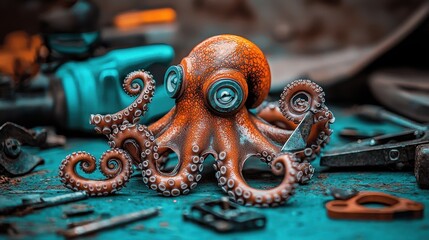 Innovative prototyping by an octopus in an engineering workshop low resolution creative concept industrial environment