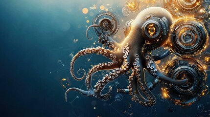 An octopus operating futuristic engineering tools in a low-resolution underwater laboratory creative exploration of marine robotics