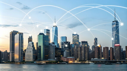 Fototapeta premium Illuminated City Skyline with Glowing Network Lines Symbolizing Cyber Resilience