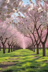 Obraz premium A picturesque cherry orchard in full bloom during springtime, with rows of cherry trees covered in white and pink blossoms