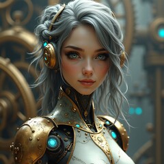 mechanical female portrait in clockwork world