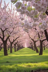 Fototapeta premium A picturesque cherry orchard in full bloom during springtime, with rows of cherry trees covered in white and pink blossoms