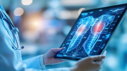 A medical professional examines a digital display of lungs, highlighting areas of concern with glowing effects in a modern healthcare setting.