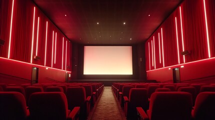 Fototapeta premium Massive white cinema screen in an empty theater with rows of plush red seats leading up to the glowing screen ready for a movie to start