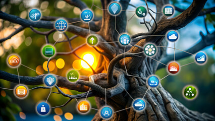 Tree branches forming a network with business icons concept as An abstract image where tree branches create a network intertwined with business icons representing the interconnectedness of nature and 