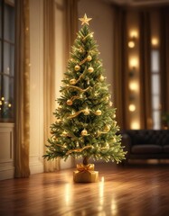 Elegant Christmas tree with blurred golden lights, shimmer, pattern
