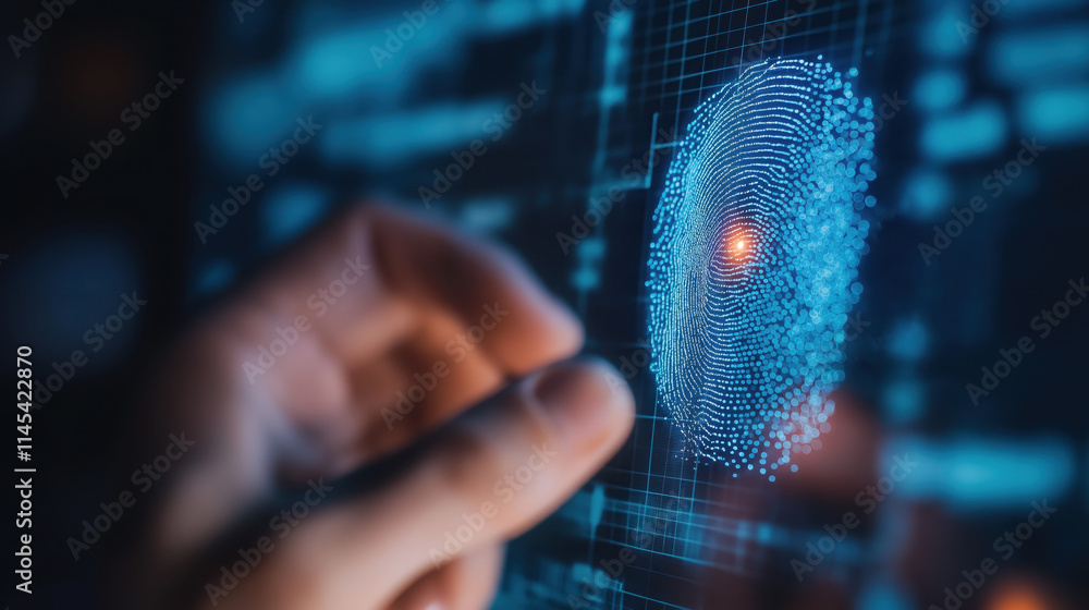 Poster a hand interacts with a digital fingerprint on a screen, symbolizing biometric security and identity