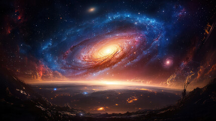 Fototapeta premium cosmic masterpiece of swirling galaxies and radiant colors, showcasing beauty of universe