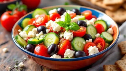A Mediterranean salad featuring olives, feta cheese, and cucumbers, offering a refreshing and healthy dish packed with flavor, perfect for a light meal or side dish.