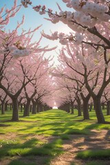 Naklejka premium A picturesque cherry orchard in full bloom during springtime, with rows of cherry trees covered in white and pink blossoms