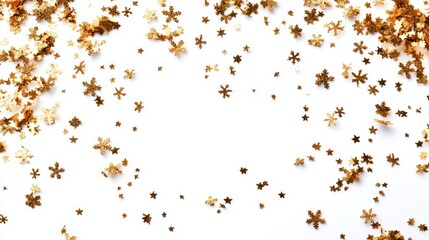 Golden Snowflake and Star Confetti Scattered on White Background Festive Holiday Design
