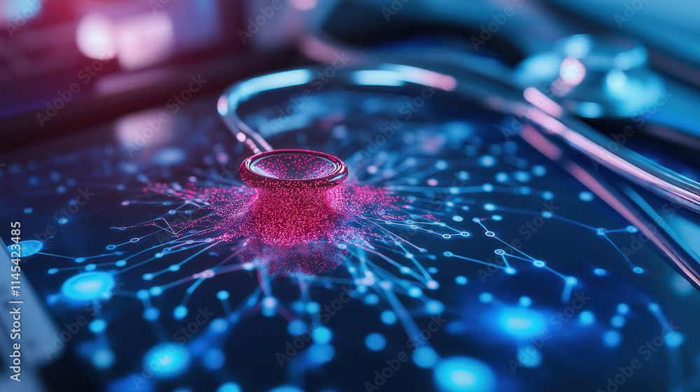 Poster a stethoscope appears over a digital interface with glowing connections, symbolizing the intersectio