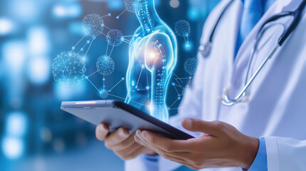 A doctor holds a tablet displaying a digital representation of a knee joint, surrounded by glowing molecular structures.
