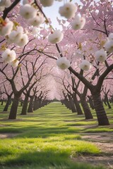Fototapeta premium A picturesque cherry orchard in full bloom during springtime, with rows of cherry trees covered in white and pink blossoms