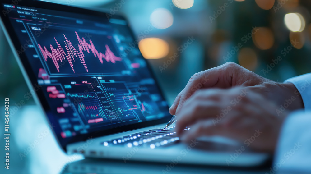 Poster a person analyzes financial data on a laptop, displaying graphs and charts in a modern, tech-focused